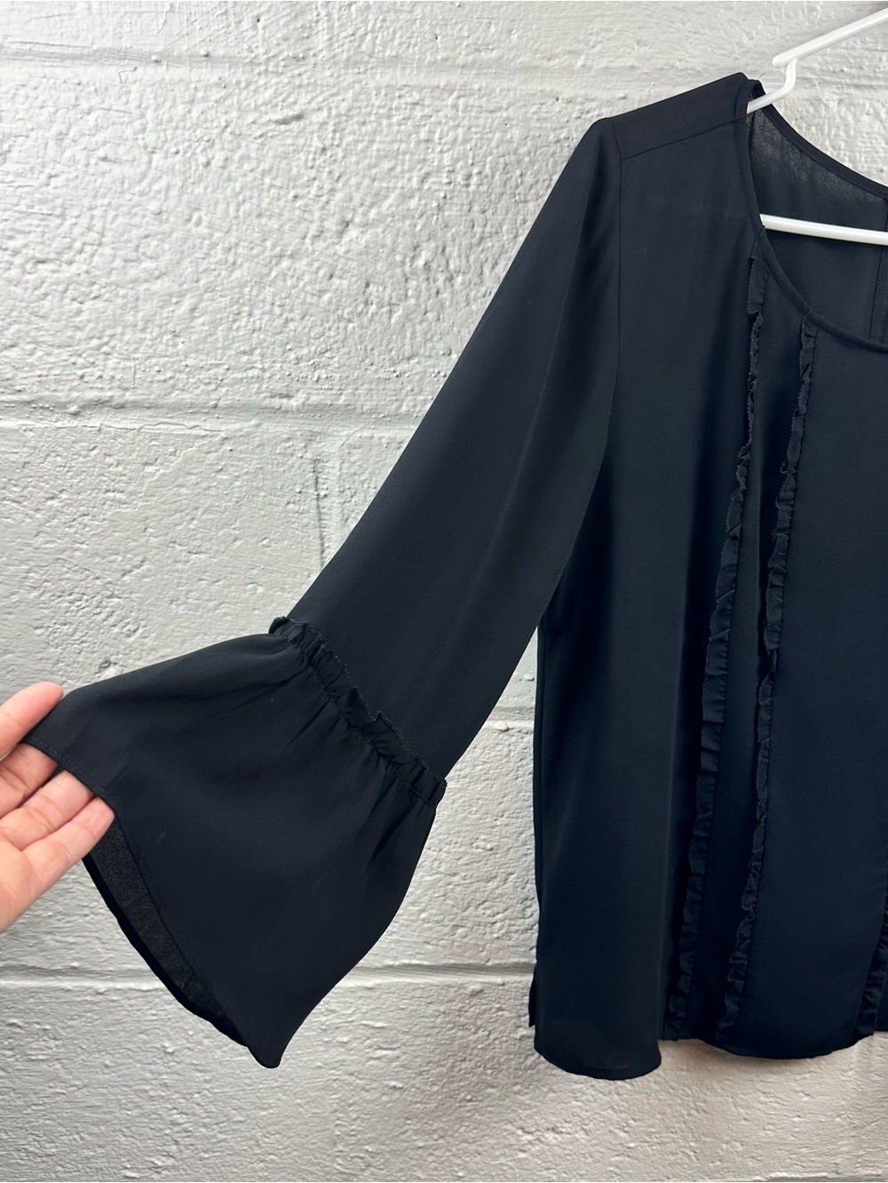LOFT Black Ruffle Bell Sleeve Blouse Medium Flowy Boxy Top